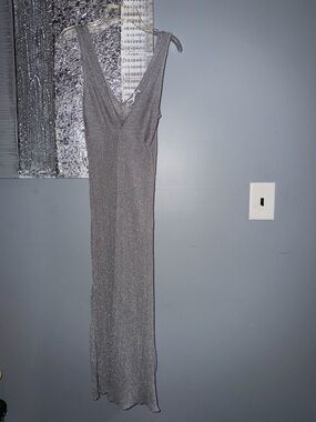 Zara Shimmer V-Neck Maxi Dress with slit- Gray